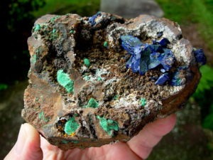 Botryoidal Velvet Malachite and Large Azurite Crystals from Sonora, Mexico