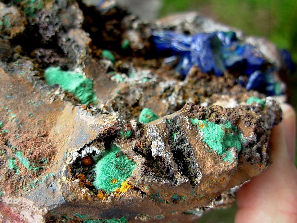 Botryoidal Velvet Malachite and Large Azurite Crystals from Sonora, Mexico
