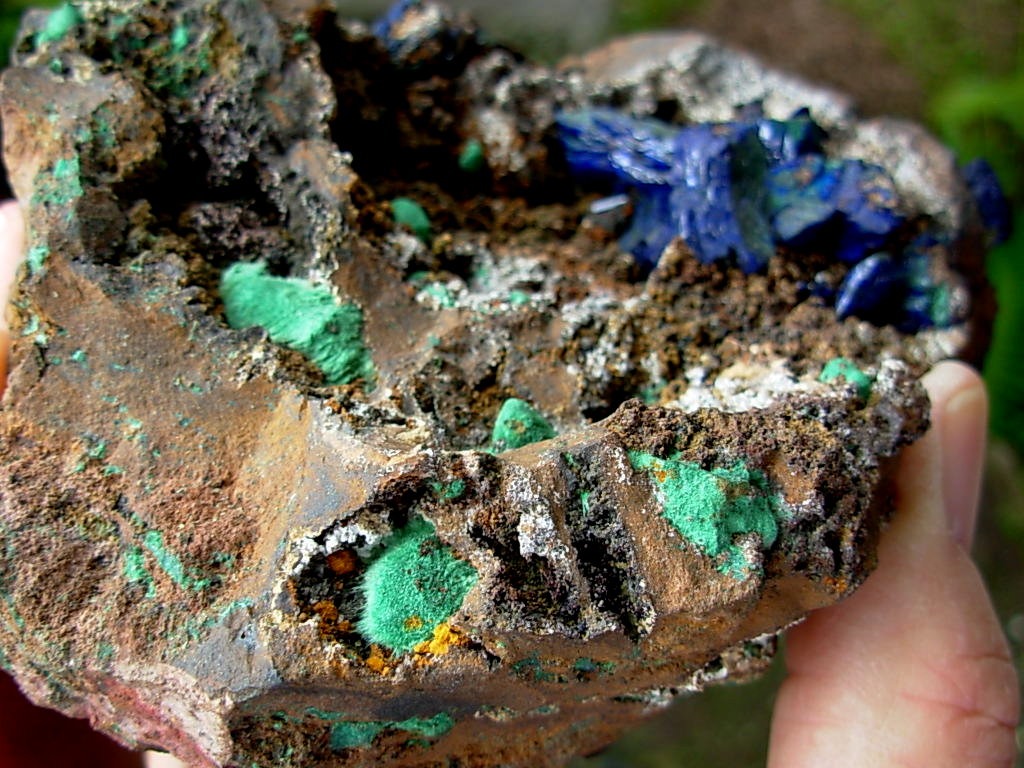 Botryoidal Velvet Malachite and Large Azurite Crystals from Sonora, Mexico