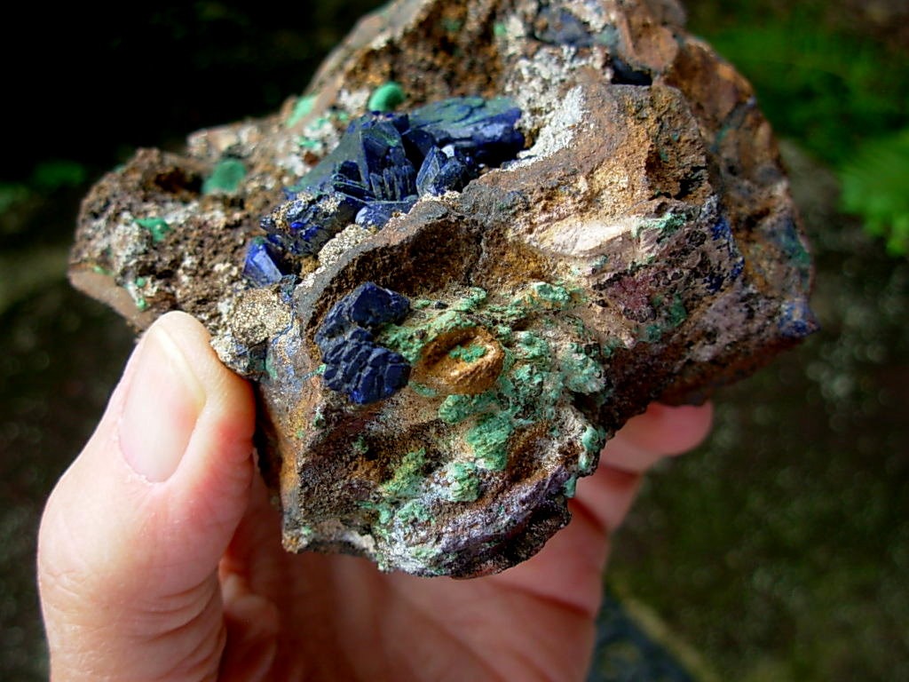 Botryoidal Velvet Malachite and Large Azurite Crystals from Sonora, Mexico