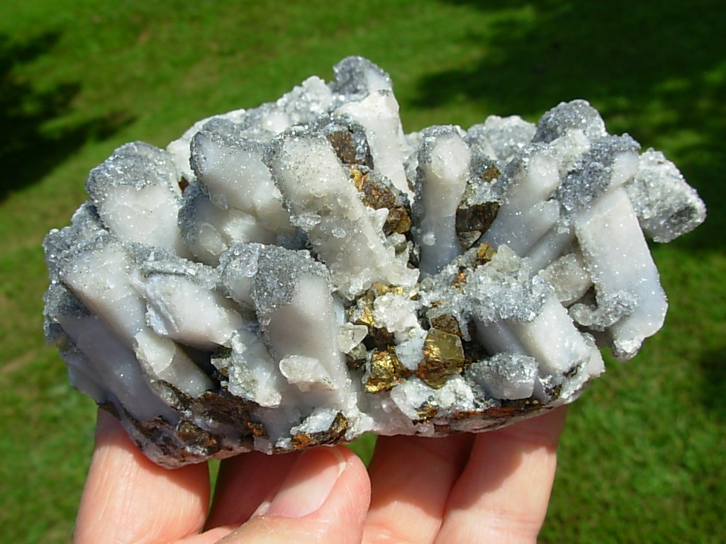 Calcite and Drusi Quartz on Danburite with Chalcopyrite