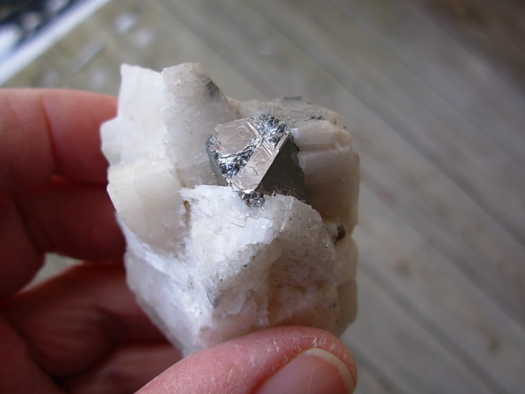 Classic Large Carrollite Crystal in Calcite from the Kambovem Mines, Congo