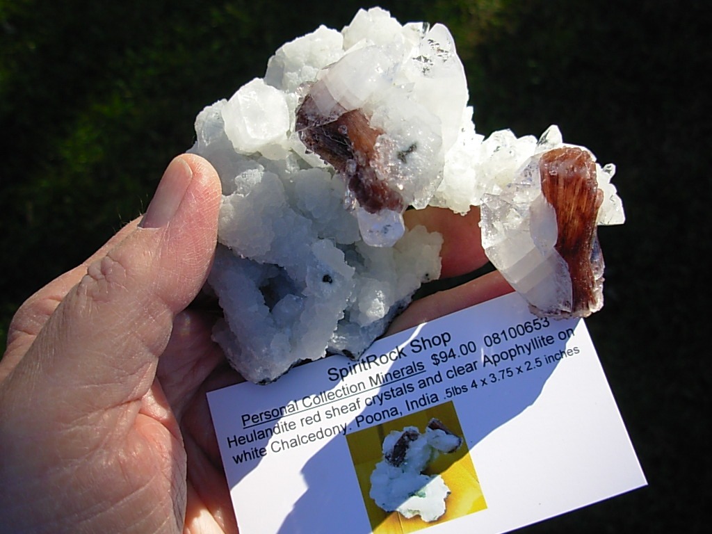 Red Sheaf Heulandite Crystals with Apophylite Crystals on Chalcedony from Poona, India