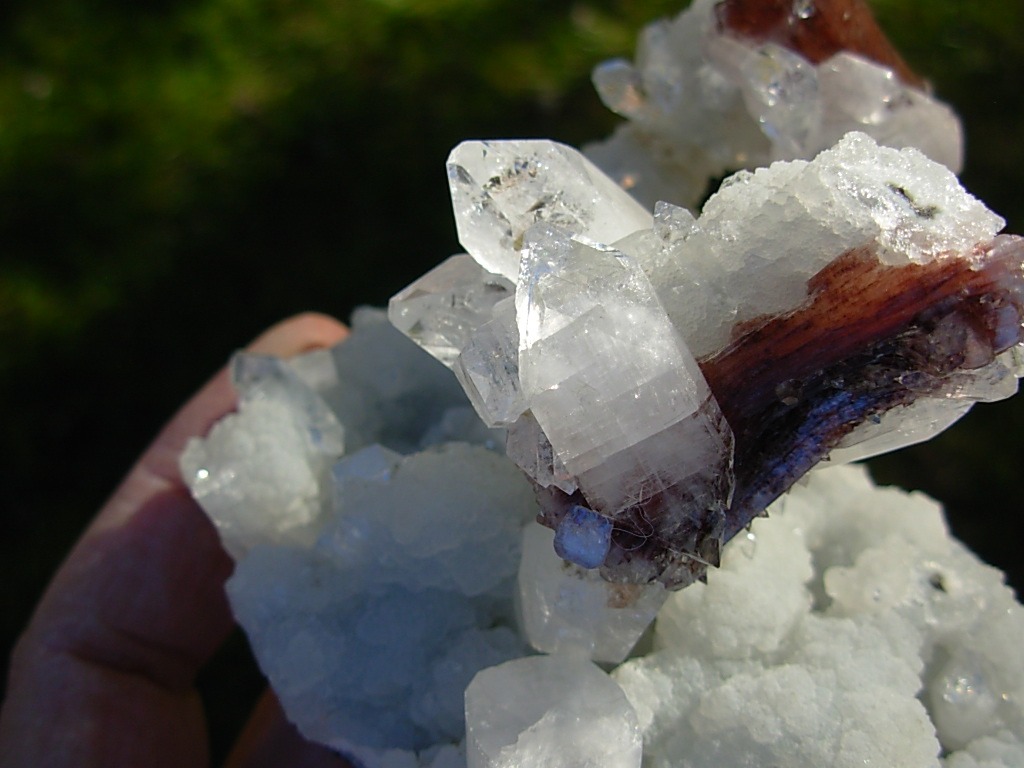 Red Sheaf Heulandite Crystals with Apophylite Crystals on Chalcedony from Poona, India