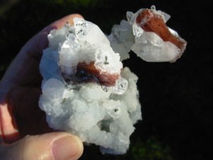 Red Sheaf Heulandite Crystals with Apophylite Crystals on Chalcedony from Poona, India