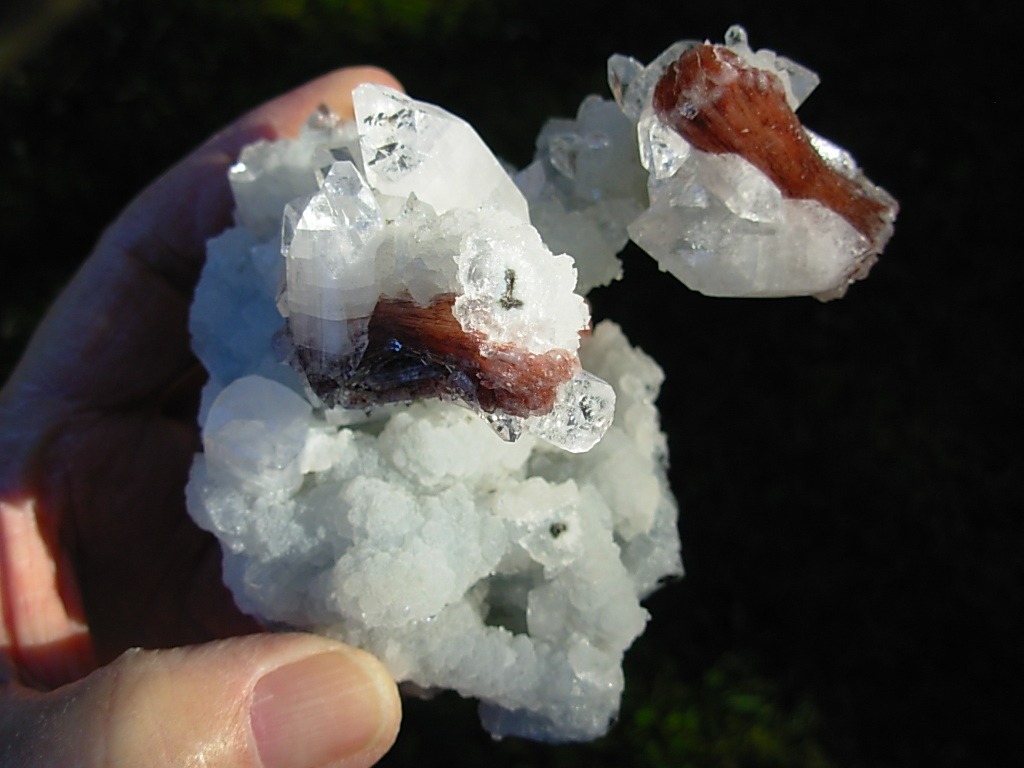 Red Sheaf Heulandite Crystals with Apophylite Crystals on Chalcedony from Poona, India