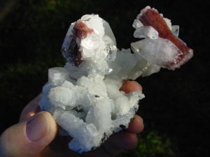 Red Sheaf Heulandite Crystals with Apophylite Crystals on Chalcedony from Poona, India