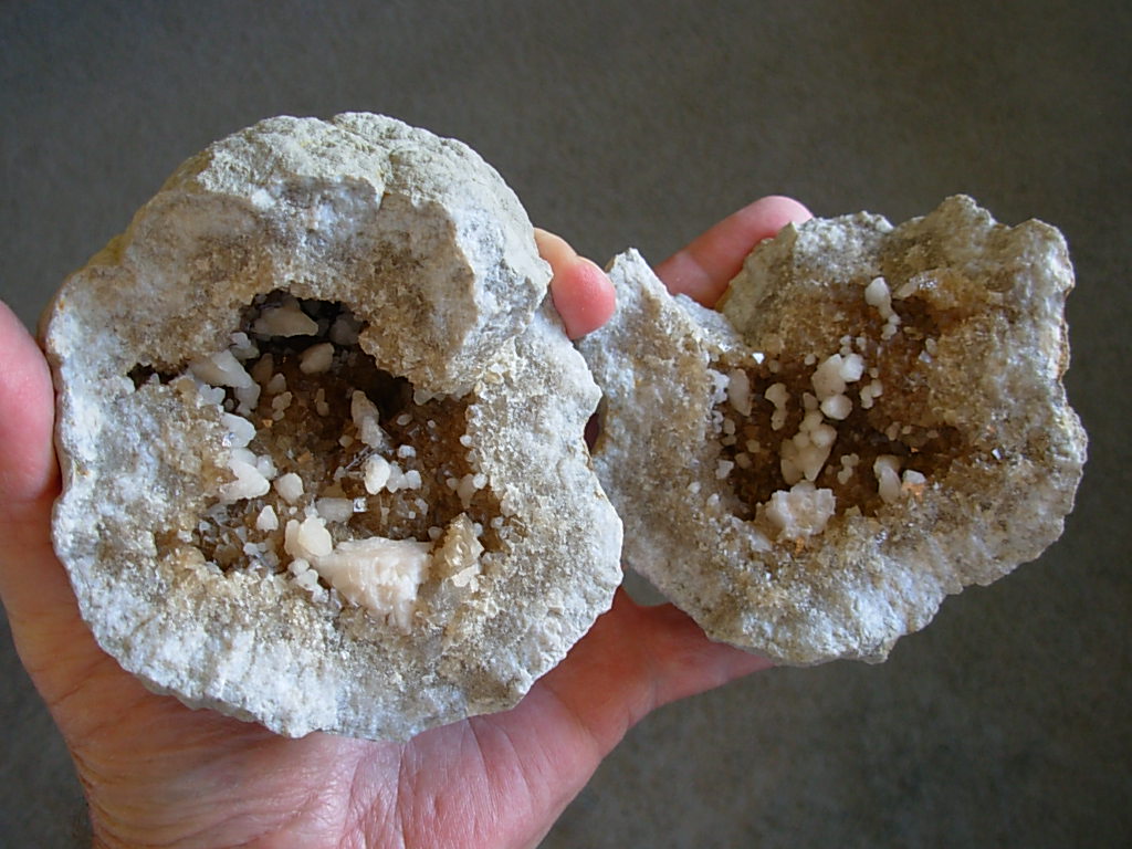 Peach Dogtooth Calcite on Brown Calcite cubes Geode ( Matched Pair) from Keokuk, Iowa