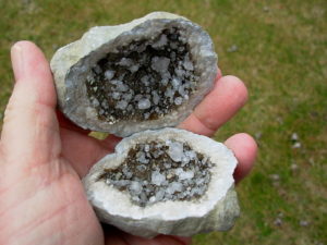 Clear Calcite crystals on Brown Calcite Geode pair from Keokuk, Iowa