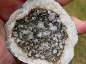 Clear Calcite crystals on Brown Calcite Geode pair from Keokuk, Iowa