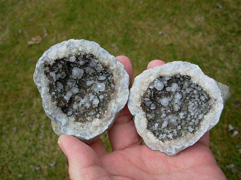 Clear Calcite crystals on Brown Calcite Geode pair from Keokuk, Iowa