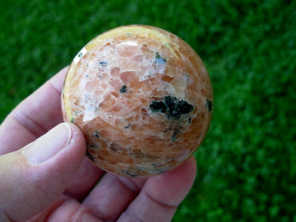 Orange Calcite with Green Epidote & Black Tourmaline (Schorl) Sphere 6 - Image 3
