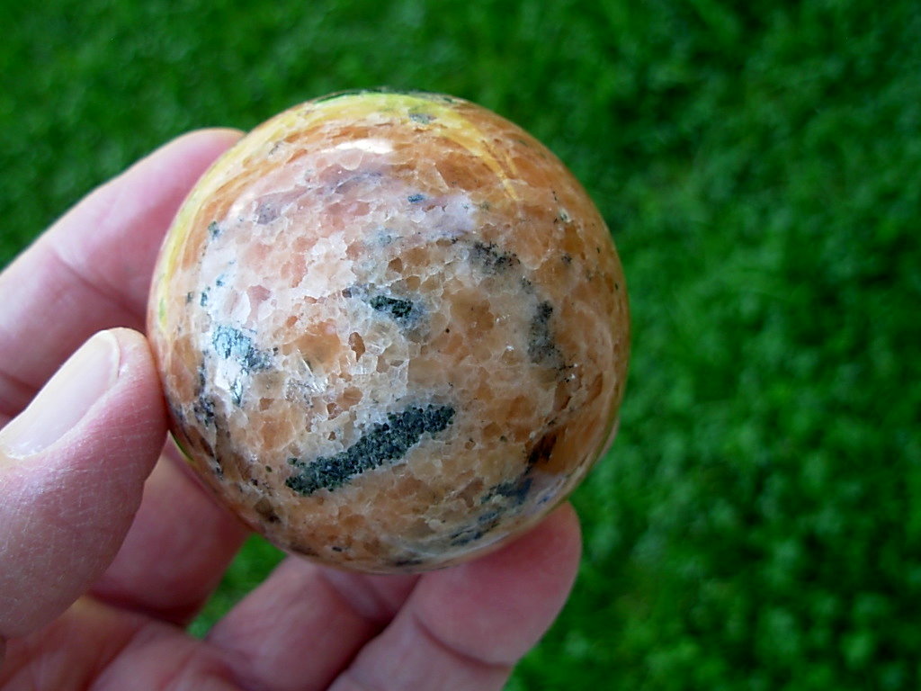 Orange Calcite with Green Epidote & Black Tourmaline (Schorl) Sphere 6