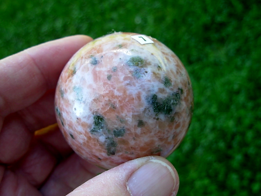 Orange Calcite with Green Epidote & Black Tourmaline (Schorl) Sphere 7 - Image 2