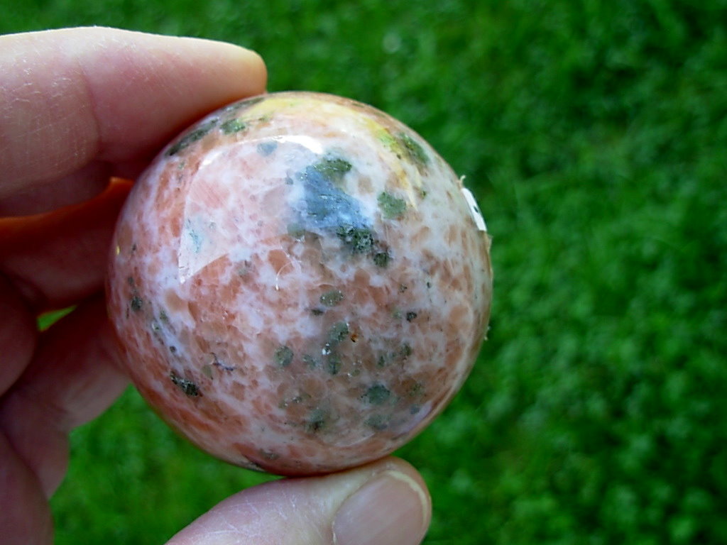 Orange Calcite with Green Epidote & Black Tourmaline (Schorl) Sphere 7 - Image 3